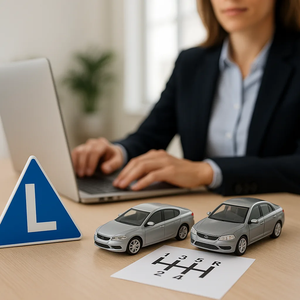 rijles-automaat-of-schakelauto-wat-past-bij-jou Een close-up van een houten bureau met een blauw 'L'-lesbordje, twee zilveren modelauto's en een blaadje met een schakelschema van een handgeschakelde versnellingsbak (1 t/m 5 en R). Op de achtergrond zit een vrouw in een donkere blazer wazig in beeld te werken op een geopende laptop.