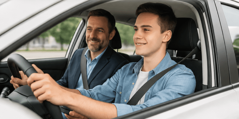 Leerling volgt een autorijles met een rijinstructeur in een lesauto