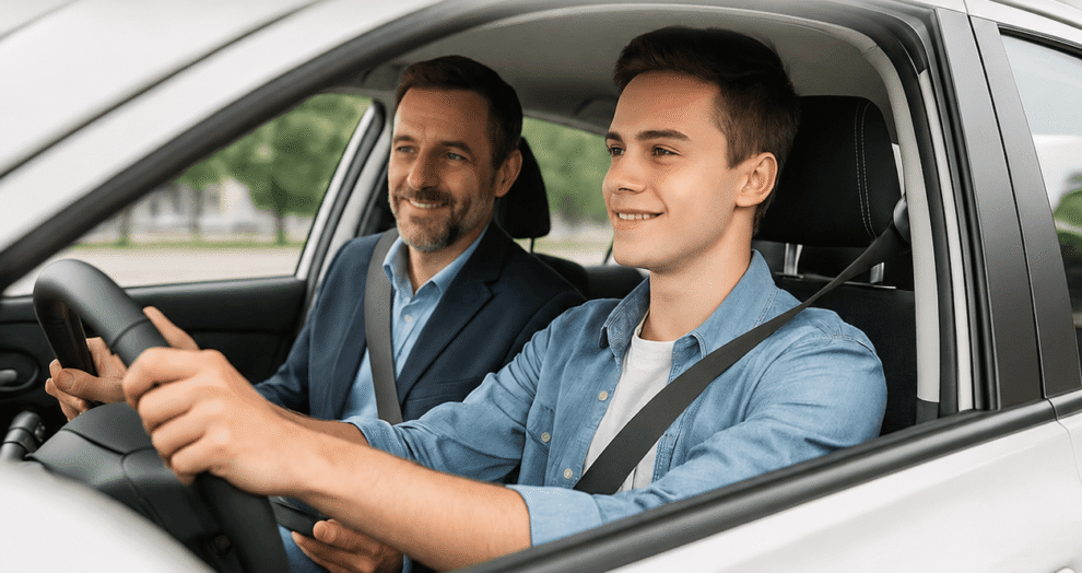 alles-over-het-halen-van-je-autorijbewijs-stap-voor-stap-naar-de-weg Leerling volgt een autorijles met een rijinstructeur in een lesauto